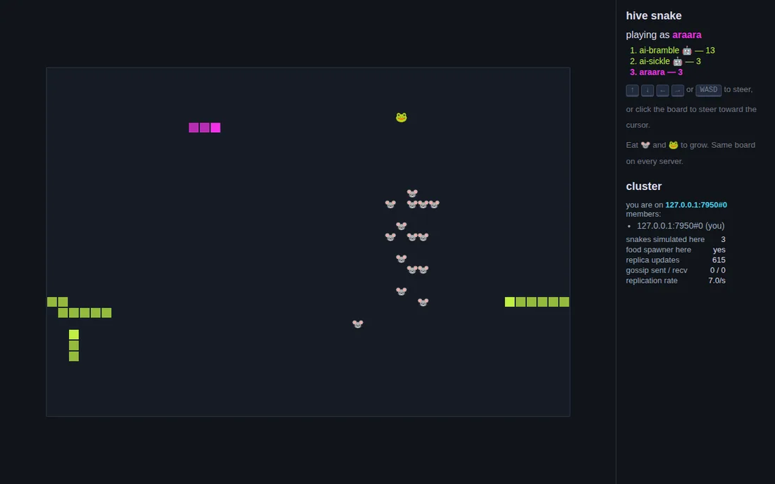 a multiplayer snake game running on a hive cluster