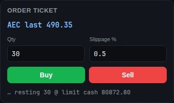The order ticket showing a selected symbol, quantity and slippage fields, Buy and Sell buttons, and a fill result line